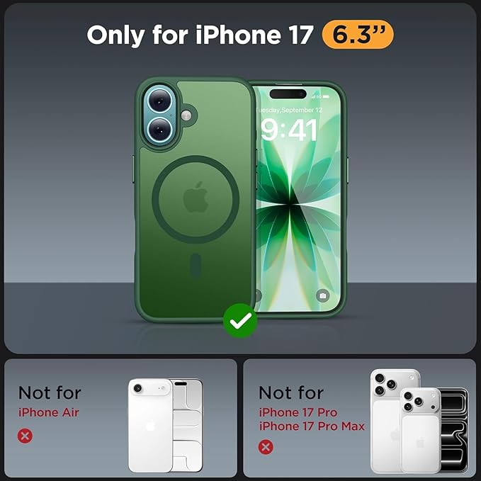 Miracase Magnetic for iPhone 17 Case (Compatible with MagSafe) with Screen Protector Military-Grade Protection, Anti-Fingerprint Translucent Matte Phone Cover for iPhone 17 6.3 inch, Dark Green