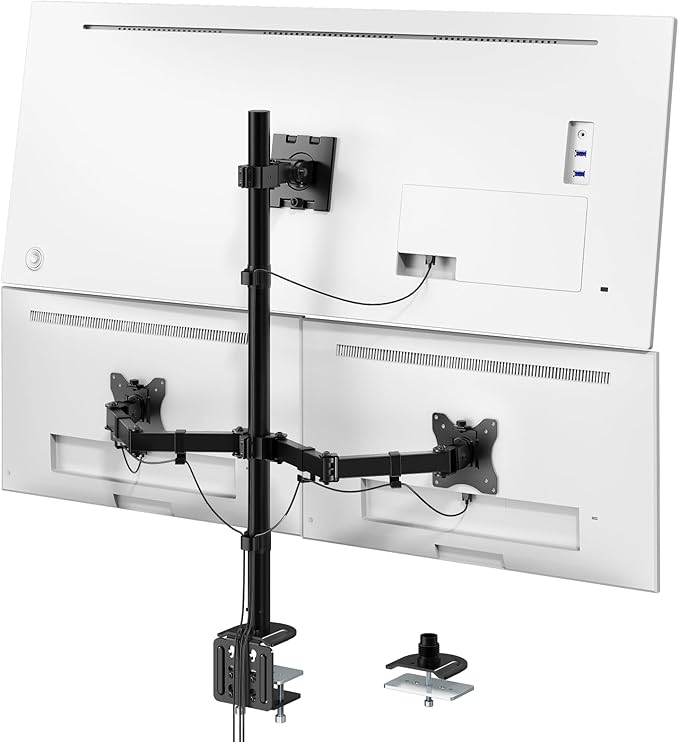 PUTORSEN Triple Monitor Mount for Up to 49" Ultrawide and 32" Monitors per Side Arm, Extra Tall 3 Monitor Desk Mount Holds up to 44 lbs, VESA 75/100 mm