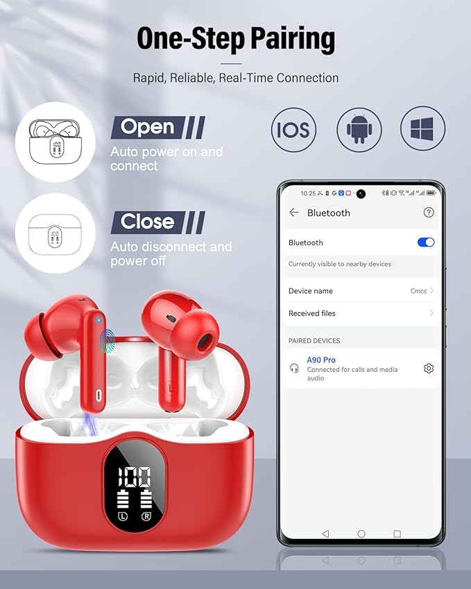 Btootos Wireless Earbuds, Bluetooth 5.4 Headphones Bass Stereo, Ear Buds with Noise Cancelling Mic, IP7 Waterproof in Ear Earphones, 36H LED Display Bluetooth Earbuds for Laptop Pad Phones, Rose Red