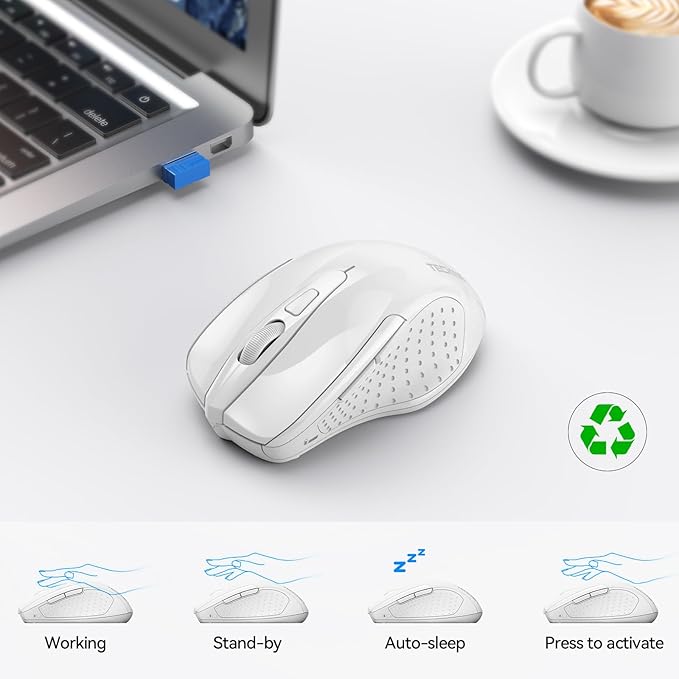 TECKNET Wireless Mouse (2.4G & BT5.0/3.0) Silent 4800 DPI Computer USB A & Bluetooth Mouse 6 Buttons, Wide Compatibility - White