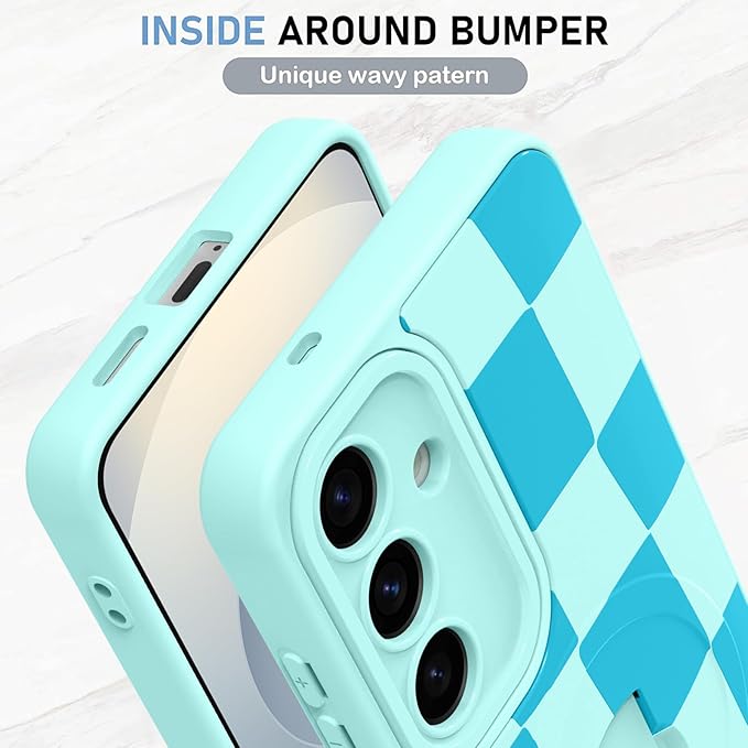 KANGHAR Compatible with Samsung Galaxy S25 Case, Support for MagSafe, Silicone Checkered Cute Pattern, Wristband Kickstand Camera Protection Soft Slim Cover for Girls Women -Blue