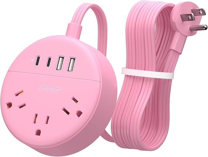 NTONPOWER Pink Extension Cord 5ft, Cute Power Strip with 3 AC Outlets & 2 USB C & 2 USB A, Flat Extension Cord, Wall Mount, Flat Plug Power Strip for Home, Dorm, Vanity Desk, Women Essential