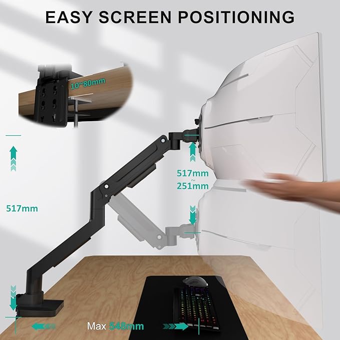 WALI Ultrawide Single Monitor Arm for 13-49 Inch Heavy Duty Curved Screens, up to 44 Lbs, Adjustable Single Monitor Desk Mount with C-Clamp, Grommet Base, 75/100mm VESA (GSM001XL), Black