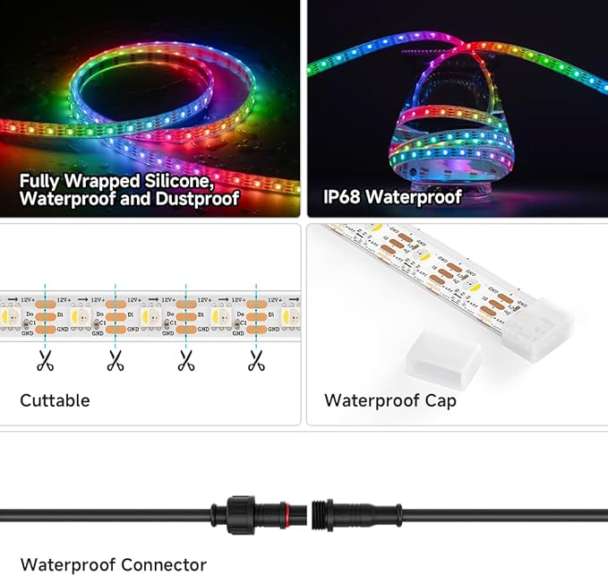 BTF-LIGHTING SK6812(Similar WS2812B) RGBW RGB+Cool White(6000K) Individually Addressable DC12V 16.4FT 60LED/m 4 Colors in 1 Light Dream LED Strip IP68 White PCB(No Adapter or Controller)