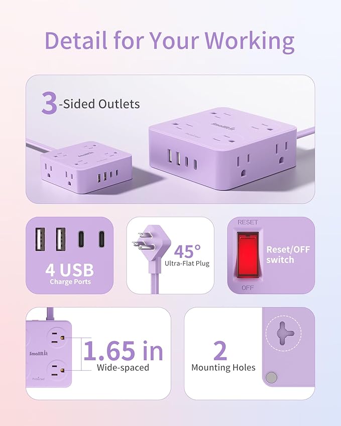 Extension Cord with Multiple Outlets, SMALLRT Surge Protector, 10FT Flat Plug Power Strip, Power Strips with Surge Protection with USB Ports, 8 Outlets, Outlets Extender for Home Office, Purple