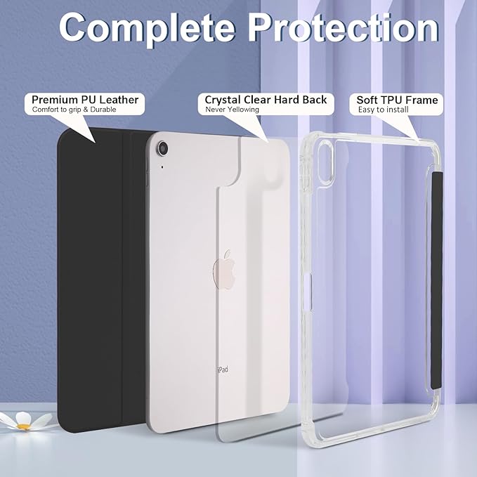 Case for iPad A16 11th Generation 11 Inch 2025, iPad 10th Generation 10.9 Inch 2022, Hybrid Protective Cover with Pencil Holder, Clear Transparent Back Shell Anti-Yellowing Case, Black