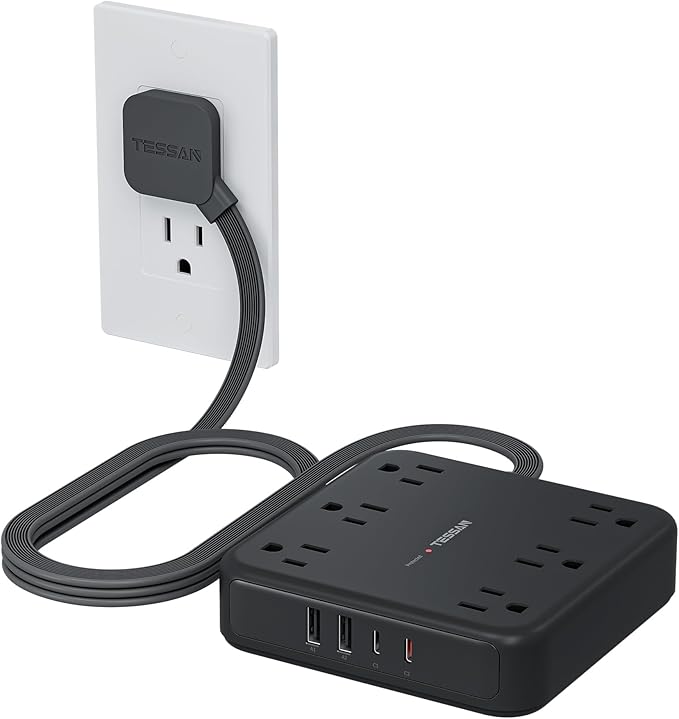 TESSAN 5Ft Black Extension Cord with Multiple Outlets, Surge Protector Power Strip with 6 Outlets and 4 USB Ports (2 USB C), 2100 Joules Protection, Flat Plug, Outlet Extender for Home, Office, Dorm