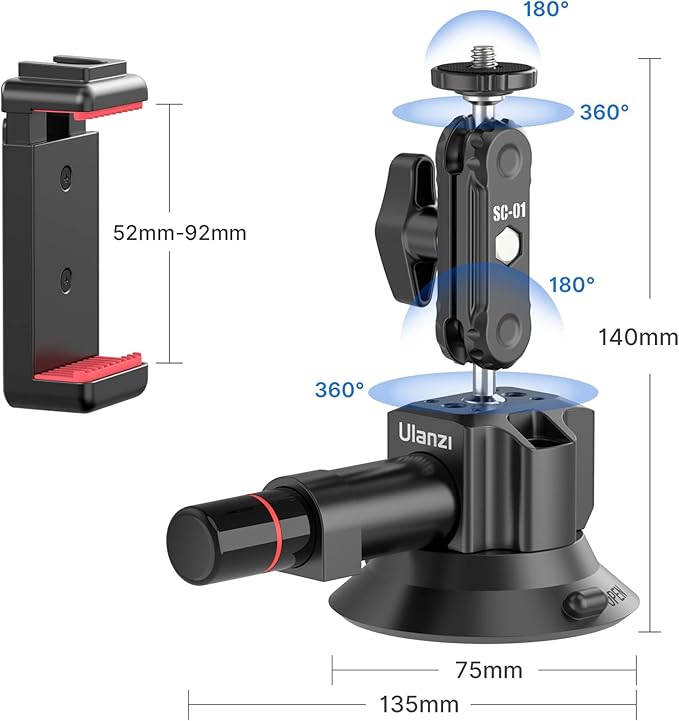 UURig SC-01 Suction Mount 3" for Vlogging Action Camera Car w Smartphone Clamp Compatible with DJI OSMO Pocket 3/Pocket 4/OSMO 360/Insta 360 x5/Xtra/iPhone 17 16 15 14,1/4" Magic Arm Windshield Window