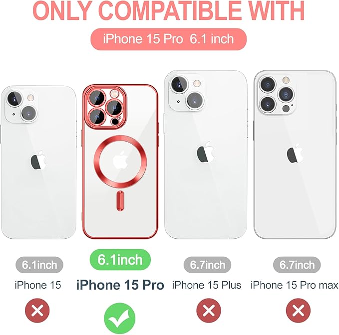 Hython Magnetic Clear for iPhone 15 Pro Case with Camera Lens Protector [Compatible with MagSafe] Luxury Plating Edge Slim Soft TPU Cover Protective Phone Case for iPhone 15 Pro 6.1", Red