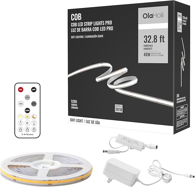 32.8ft COB Led Strip Light with Remote, 6500K Ra93+ Dimmable Bright Daylight White Led COB Strip Light, White Continuous Led Strip Light for Mirror, Stair, Cabinet, Room