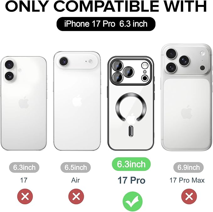 Hython Magnetic Clear for iPhone 17 Pro Case with Camera Lens Protector [Compatible with MagSafe] Luxury Plating Edge Slim Soft TPU Cover Protective Phone Case for iPhone 17 Pro 6.3", Black