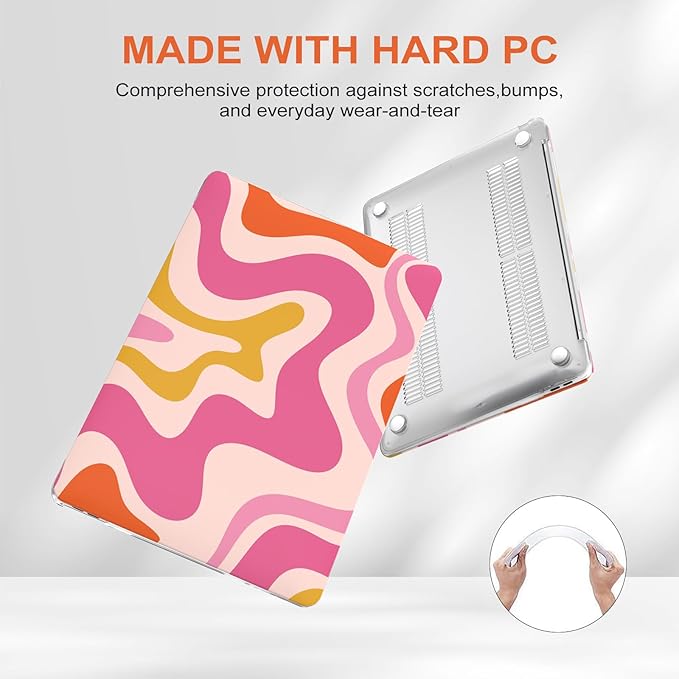 iCasso Compatible with MacBook Air 13 inch Case 2021 2020-2018 Release A2337 M1 A2179 A1932 Touch ID, Plastic Hard Shell Case for Mac Air 13.3+ Keyboard Cover + Screen Protector, Pink Abstract Wave