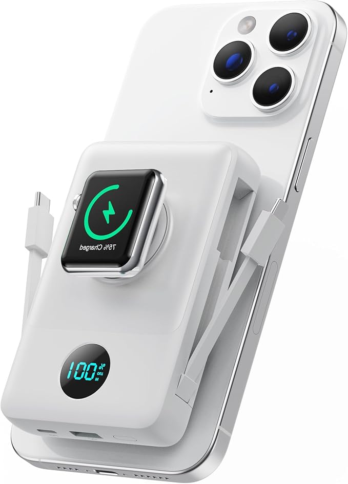 Magnetic Portable Charger for MagSafe with Built-in Cable, iWatch Charger, 10800mAh Wireless Power Bank Travel Essentials, 25W PD Fast Charging Battery Pack for iPhone 17/16/15/14/13,Apple Watch-White
