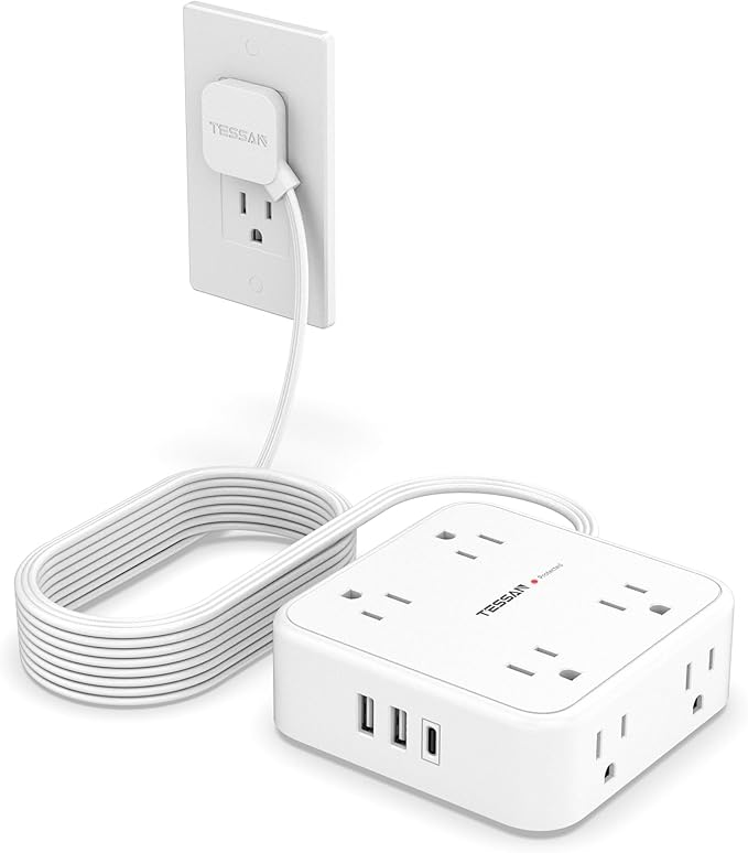 TESSAN Surge Protector Power Strip, 15 Ft Flat Plug Extension Cord with 3 USB (1 USB C) 8 Outlets, 1250W, 900J Protection, 3 Sided Outlet Extender with Power Switch for Office, Dorm Room, White