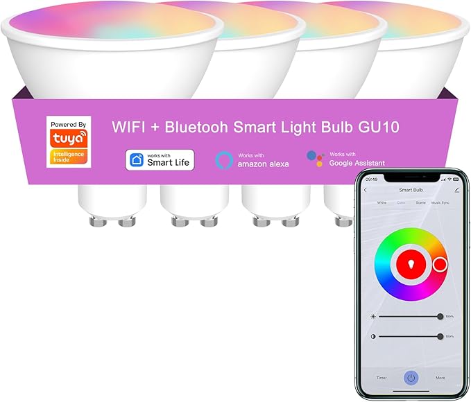 Tuya Smart GU10 Light Bulb,WiFi(2.4G),300 Lumens Dimmable LED Light Bulbs, Color Changing & Tunable White (2700K-6500K), Works with Alexa, Google Home & Smart Life App, No Hub Required(4Pack)