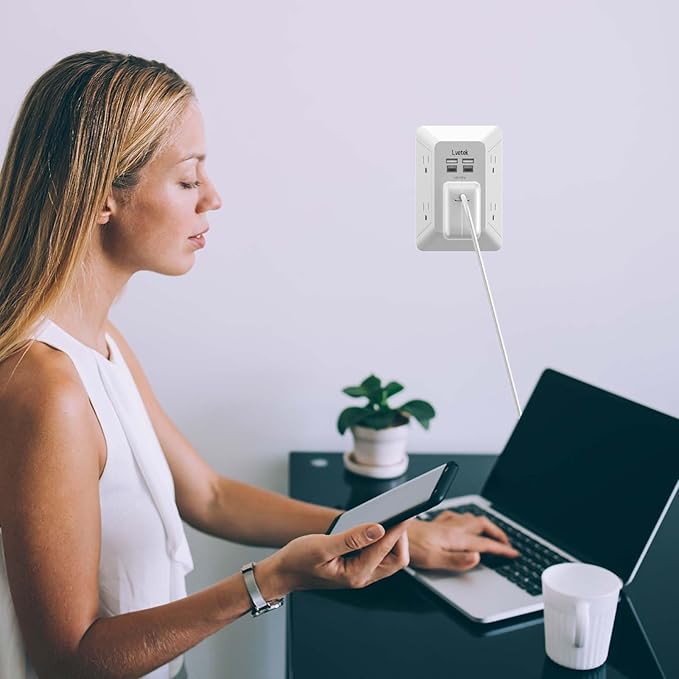 Outlet Extender, Surge Protector Outlet with 5-Multi Plug Outlet and 4 USB Ports(2 USB C), 3-Sided 1680J Power Strip Wall Charger, Multiple-Plug Outlet Splitter for Home Travel Office,ETL Listed,White