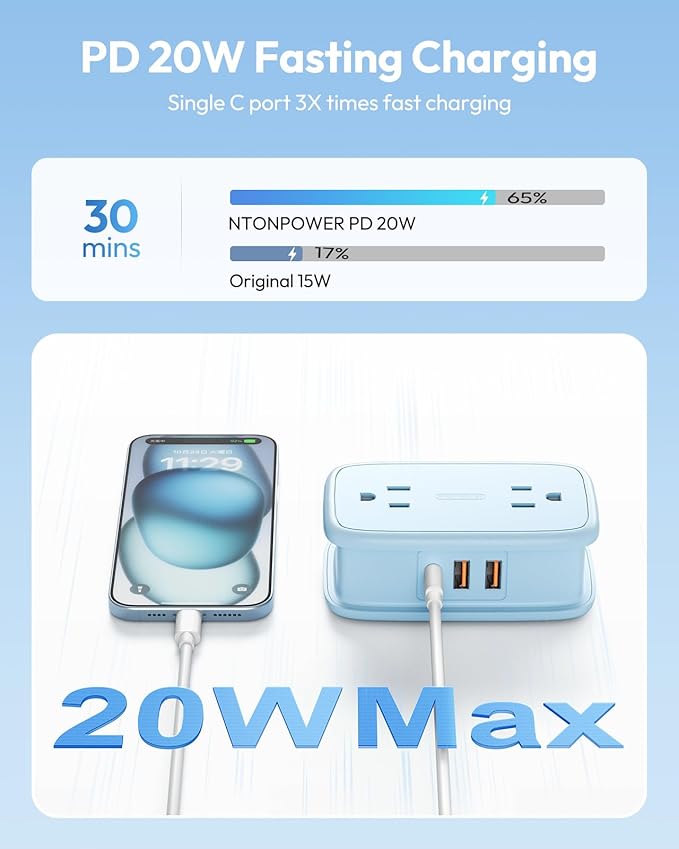 NTONPOWER Blue Travel Power Strip 20W, Travel Essentials 4 Outlets 3 USB(1 USB-C) with 4FT Wrapped Extension Cord Flat Plug, Vacation Essentials for Hotel Travel Camping Cruise Essentials 2026