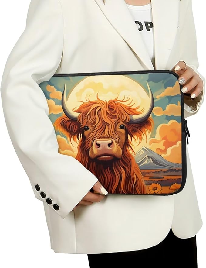 Highland Cattle Computer Sleeve for Women Men Laptop Sleeve 17 inch Neoprene Laptop Covers with Padded Compartment Lap Top Case Sunflower Computer Carrying Bag Brown