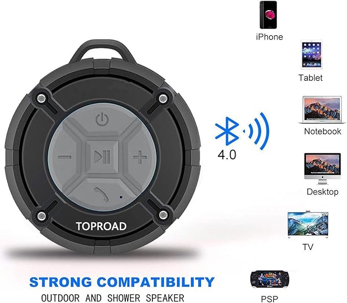 Portable Shower Speaker, IPX7 Waterproof Wireless Outdoor Speaker with HD Sound, 2 Suction Cups, Built-in Mic, Hands-Free Speakerphone for Bathroom, Pool, Beach, Hiking, Bicycle(Grey)