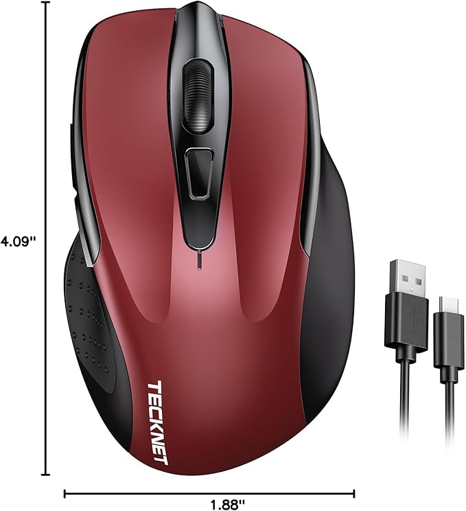 TECKNET Rechargeable Wireless Mouse, 2.4G Silent Mouse, Quiet Click, 6 Adjustable 4800 DPI, Cordless Computer Mouse, Ergonomic Mouse for Laptop, 6 Buttons USB Mouse for Chromebook, Ergo Grip - Red