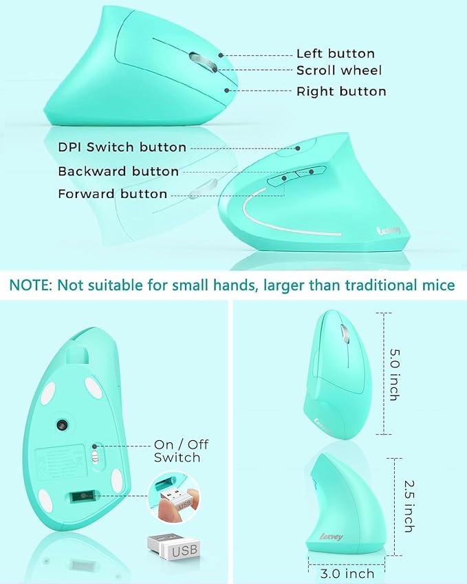Lekvey Ergonomic Mouse, Vertical Wireless Mouse Rechargeable 2.4 GHz Optical Carpal Tunnel Mouse : 800/1200 / 1600 DPI, 6 Buttons, for Laptop, PC, Mac, Computer, Desktop, Notebook etc, Green