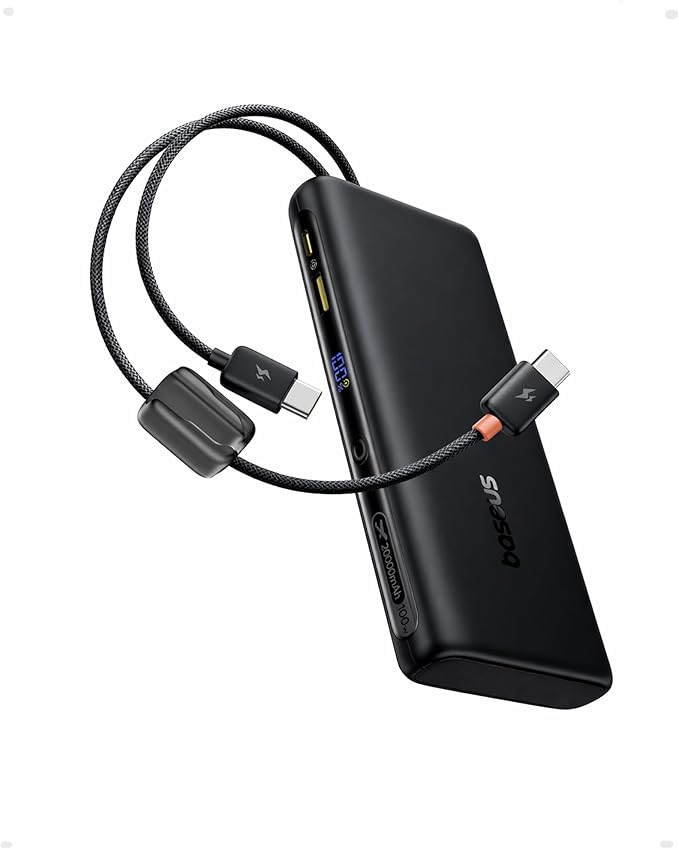 Baseus 100W Power Bank 20000mAh, Portable Laptop Charger with Built-in USB-C Dual Cables, Travel Essential PD QC Fast Charging for MacBook, iPad, iPhone 17/16, Samsung, Steam Deck, TSA-Approved