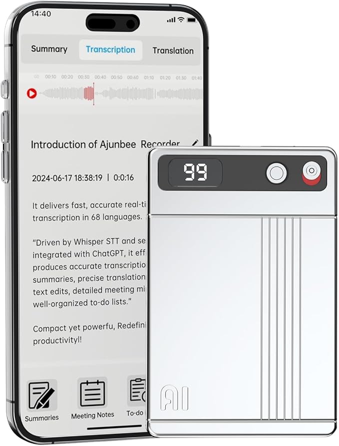 Ai Voice Recorder with Transcribe & Summarize, Note Voice Recorder Support 118 Languages, 64GB, Audio Recorder with App Control, Slim Ai Note Taking Device for Lectures, Meetings, Calls