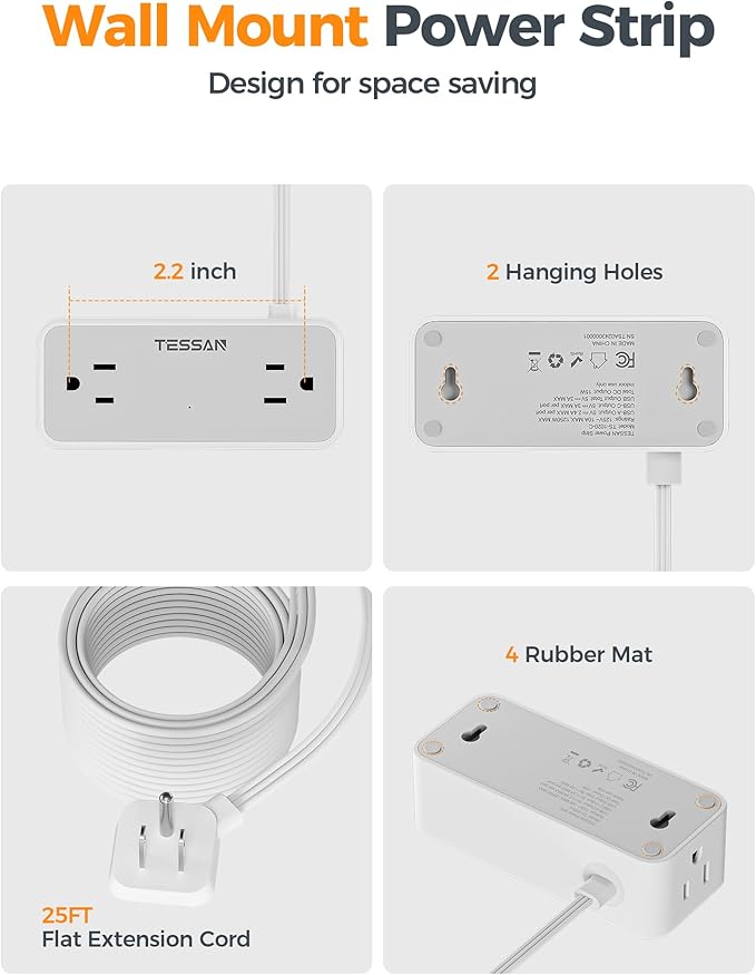 TESSAN Flat Plug Extension Cord 25 FT, Surge Protector Power Strip with 4 AC Outlets 1 USB C and 2 USB A Ports, 900 Joules Protection, Multiple Wall Outlet Extender Suitable for Office Dorm, Grey