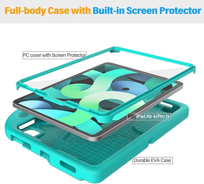 SUPLIK Kids Case for iPad Air 5th/4th Generation (10.9 inch,2022/2020), Built with Screen Protector, iPad Air 5 Kidproof Case with Handle Stand for Apple iPad Air Gen 4/5&Pro 11 Old Version, Cyan