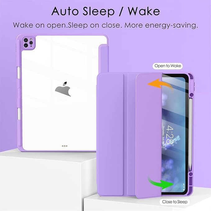 Soke Case for iPad Pro 12.9 Inch (6th/5th/4th/3rd Generation, 2022/2021/2020/2018) - Pencil Holder + Auto Sleep/Wake + Camera Protection, Transparent Shockproof Back Cover, Clove Purple