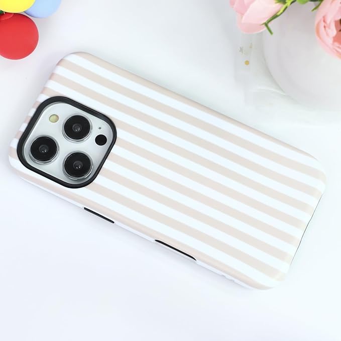 Magnetic for iPhone 15 Pro Max Case Cute Stripes Phone Case, Shockproof Slim TPU and Hard PC Protective Phone Cover Compatible with MagSafe Designed for Women Girls, Apricot