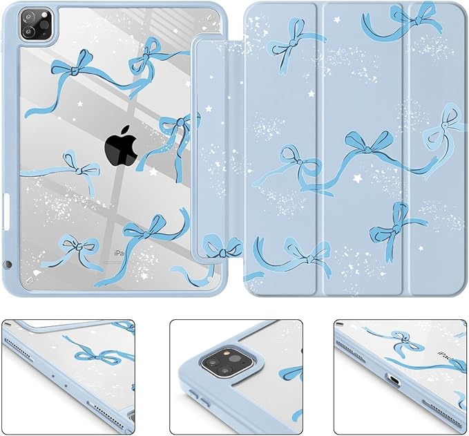 Tuiklol for iPad Pro 12.9 Inch 6th/5th/4th/3rd Generation 2022 2021 2020 2018 Case,Built-in Pencil Holder Clear Transparent Protective Back Shell Cover with Auto Sleep/Wake, Bow-Blue