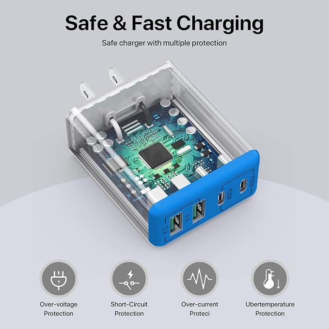 sccvee USB C Wall Charger, 40W 4-Port USB C Charger Block, Fast Charging Block Dual Port PD+QC Wall Plug Multiport Type C Compatible with iPhone 14/13/12/11/Pro Max/XS/XR/8/7, Tablet(Blue)