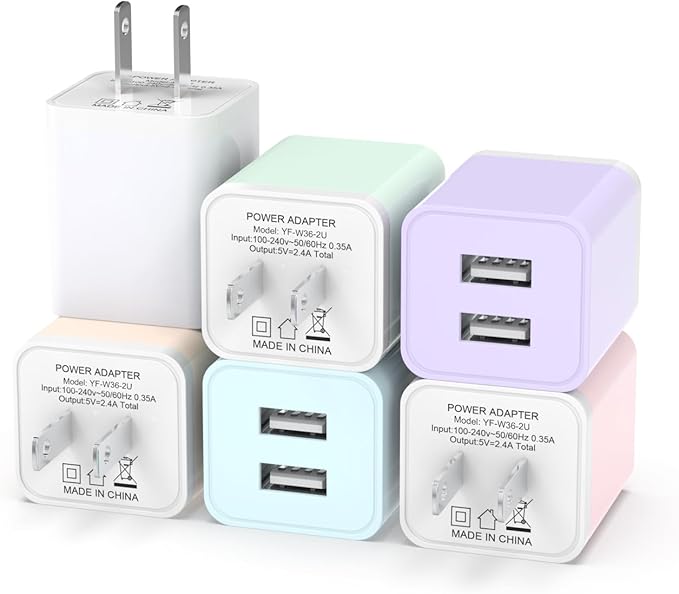 6Pack USB Wall Charger, iGENJUN 2.4A Dual USB Port Cube Power Plug Adapter Fast Phone Charger Block Charging Box Brick for iPhone 15/15 Pro/15 Pro Max/14, Samsung Galaxy, Pixel, LG, Android-Multicolor