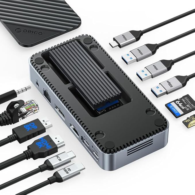 ORICO 12-in-1 USB C Hub with M.2 SSD Enclosure 10Gbps, Tool-Free USB C Docking Station with Built-in Fan, HDMI, DP, Gigabit Ethernet, 100W PD, SD/TF, Audio/Mic, USB A & Type C for Laptop Mac-M2P11