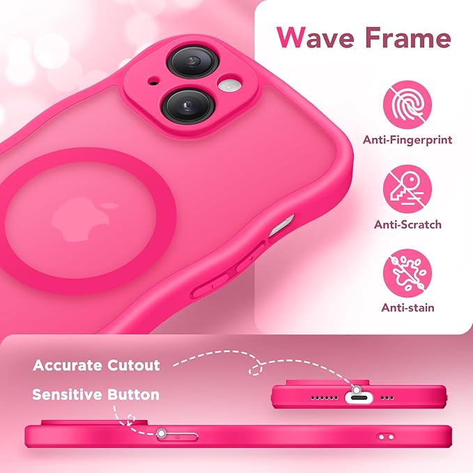 CAPRARO Cute for iPhone 15 Plus Case, Compatible with MagSafe, [Curly Wave Edge] [Full Camera Protection] [14 FT Drop Protection] Magnetic Phone Case for 15 Plus 6.7 Inch, Hot Pink