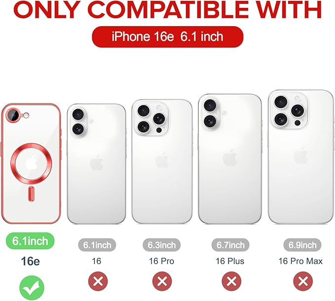 Hython Magnetic Clear for iPhone 16e Case with Camera Lens Protector [Compatible with MagSafe] Luxury Plating Edge Slim Soft TPU Cover Protective Phone Case for iPhone 16e 6.1", Red