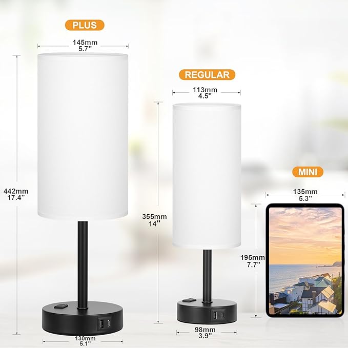 PartageiZ 17.4inches Tall White Bedroom Lamps Set of 2-3 Way Dimmable Touch Table Lamps with USB C and A Ports, Lamps for Nightstand with AC Outlet, Desk Lamps with Black Base for Office