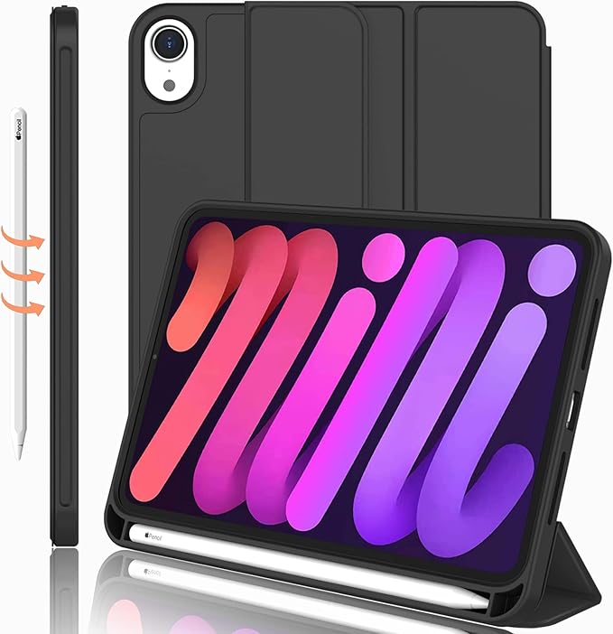 iMieet iPad mini 7 Case 2024 (A17 Pro), iPad mini 6 Case (8.3-Inch,2021 Model), iPad mini 7th/6th Generation Case with Pencil Holder, Trifold Stand Smart Case with Soft TPU Back,Black