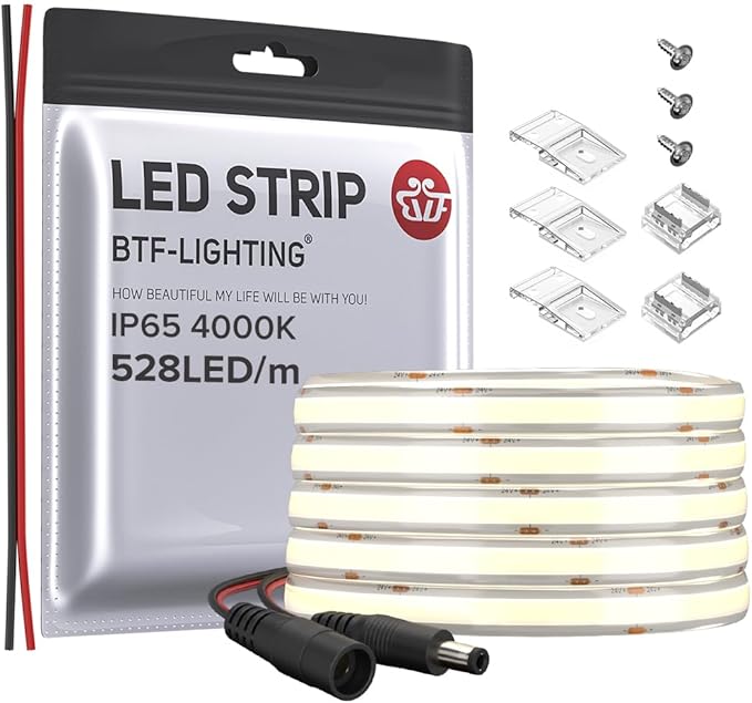 BTF-LIGHTING FCOB COB LED Strip IP65 Flexible High Density Uniform Light 14W/m 16.4FT DC12V Natural White 4000K 528LED/m CRI 90+ 10mm Width Dimmable LED Ribbon for Decor(No Adapter or Controller)