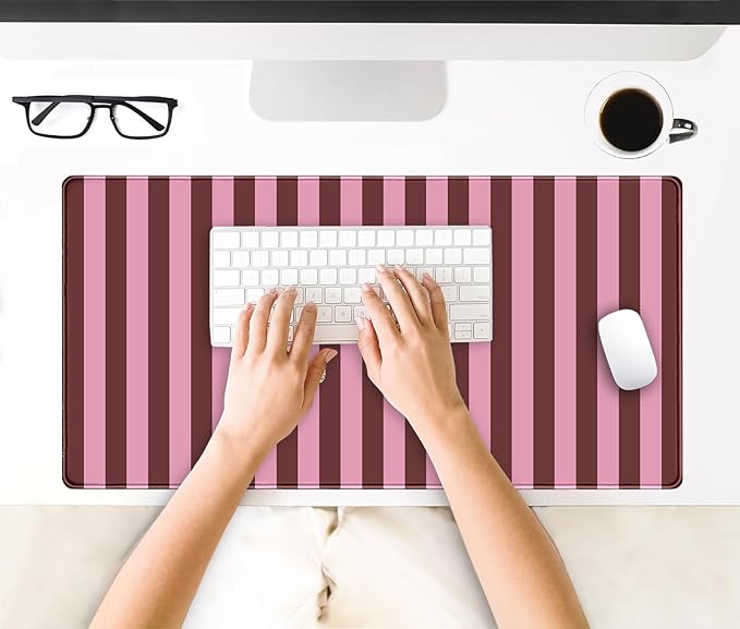 Pink and Burgundy Striped Desk Mat Cute Pastel XXL Large Gaming Mouse Pad Desk Pad Kawaii Cozy Aesthetic Keyboard Laptop Computer Mat