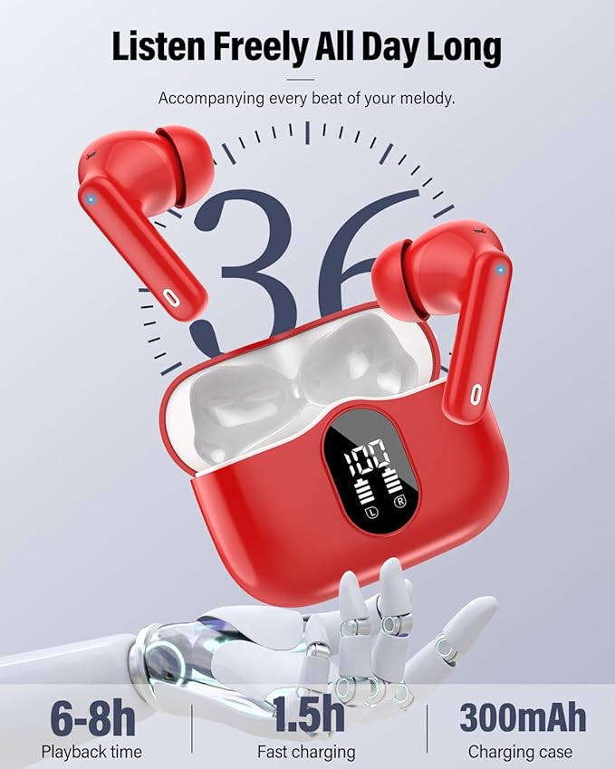 Btootos Wireless Earbuds, Bluetooth 5.4 Headphones Bass Stereo, Ear Buds with Noise Cancelling Mic, IP7 Waterproof in Ear Earphones, 36H LED Display Bluetooth Earbuds for Laptop Pad Phones, Rose Red