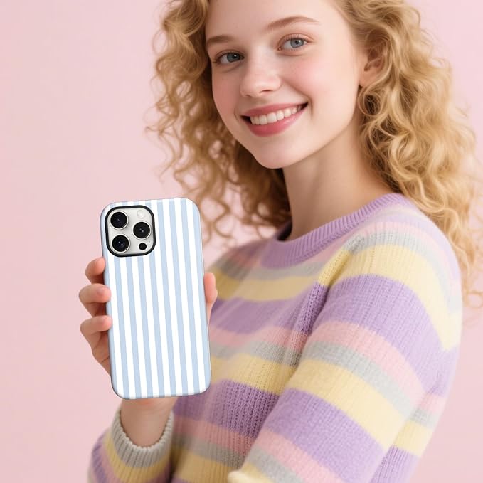 Magnetic for iPhone 16 Plus Case Cute Stripes Phone Case, Shockproof Slim TPU and Hard PC Protective Phone Cover Compatible with MagSafe Designed for Women Girls, Blue and White