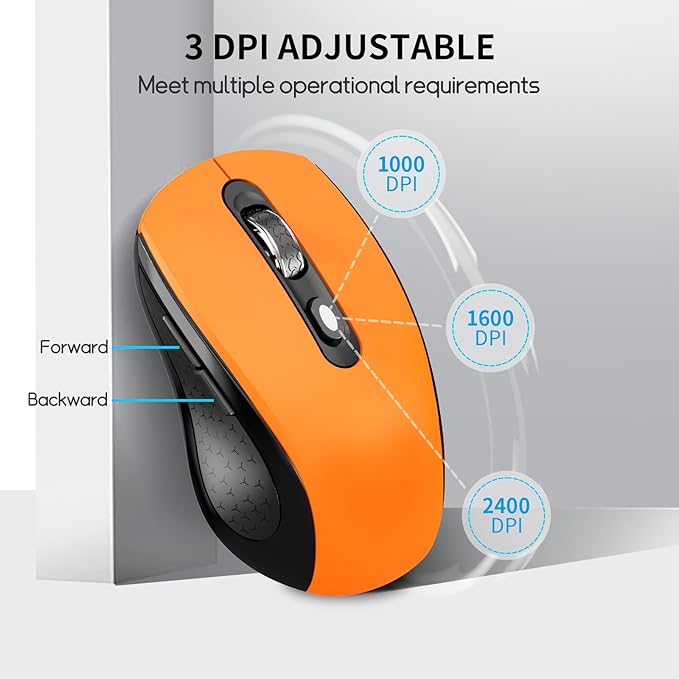 Wireless Mouse With Side Buttons Suitable for Laptops PC Chromebook Mac MacBook Silent Mouse with USB Nano Receiver 2400 DPI Anti Slip Scroll Wheel 6-Button Ergonomic Wireless Computer Mice - Orange