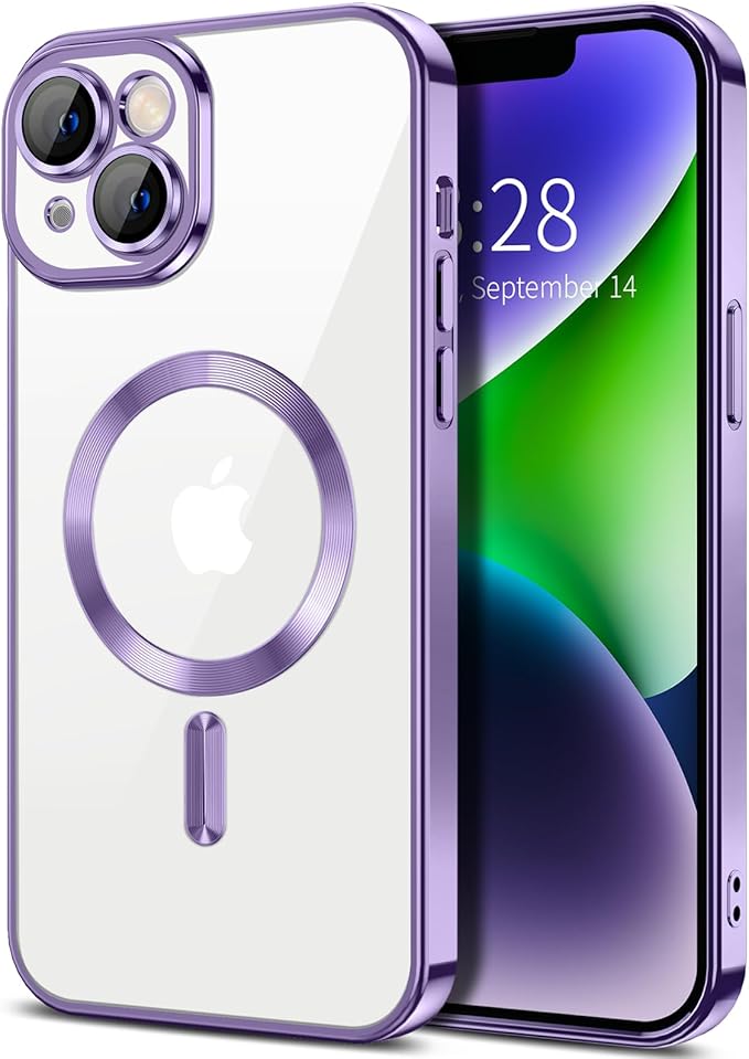 Hython Magnetic Clear for iPhone 14 Case with Camera Lens Protector [Compatible with MagSafe] Luxury Plating Edge Slim Soft TPU Cover Protective Phone Case for iPhone 14 6.1", Light Purple