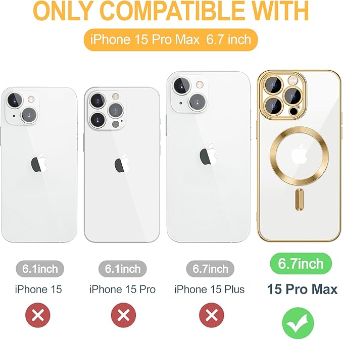 Hython Magnetic Clear for iPhone 15 Pro Max Case with Camera Lens Protector [Compatible with MagSafe] Plating Edge Slim Soft TPU Cover Protective Phone Case for iPhone 15 Pro Max 6.7", Gold