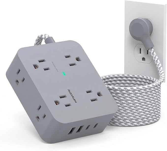 HANYCONY 10 Ft Surge Protector Power Strip, Extension Cord with 8 AC Outlets 4 USB (2 USB C) Ports, Flat Plug, Wall Mount Desk USB Charging Station for Home