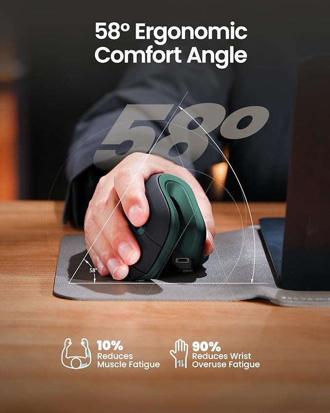 ProtoArc Ergonomic Mouse, EM11 NL Bluetooth Rechargeable Wireless Vertical Mouse, 3 Multi-Device Connectivity for Computer/PC/Laptop, 2.4GHz USB-A Optical Mice for Windows, Mac OS, Green