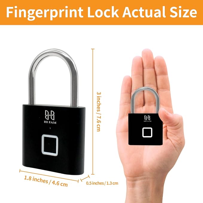 HIFAM Fingerprint Padlock, Keyless Biometric Gate Locks for Outdoor Fence Storage Gym, Smart Lock with USB Rechageable (Black)