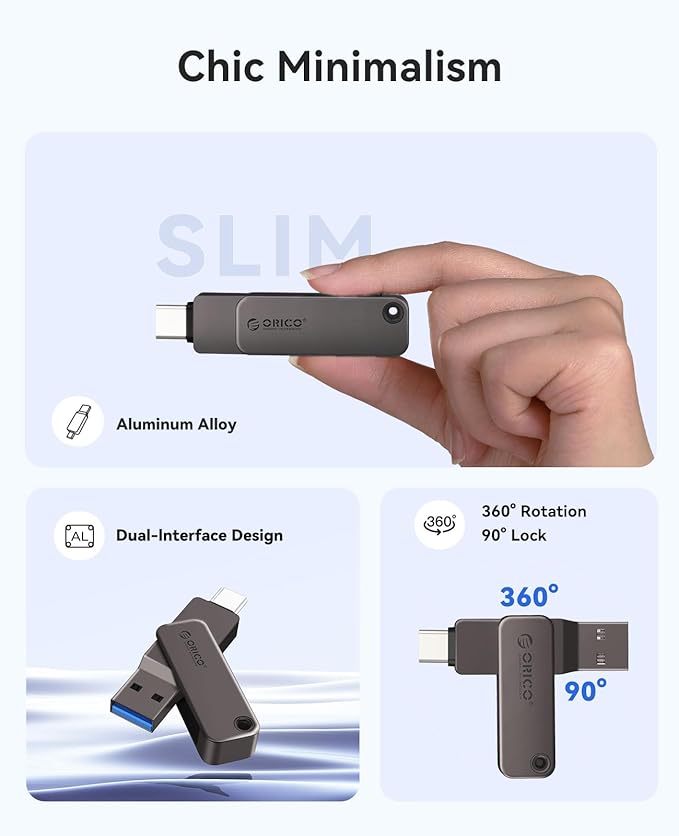 ORICO 128GB Dual USB-C USB-A Flash Drive 150MB/s High Speed USB 3.0 Memory Stick, Zinc Alloy Rotating Design, Compatible with iPhone 15/16/17, Android, Mac, PC, Car Audio – Plug & Play